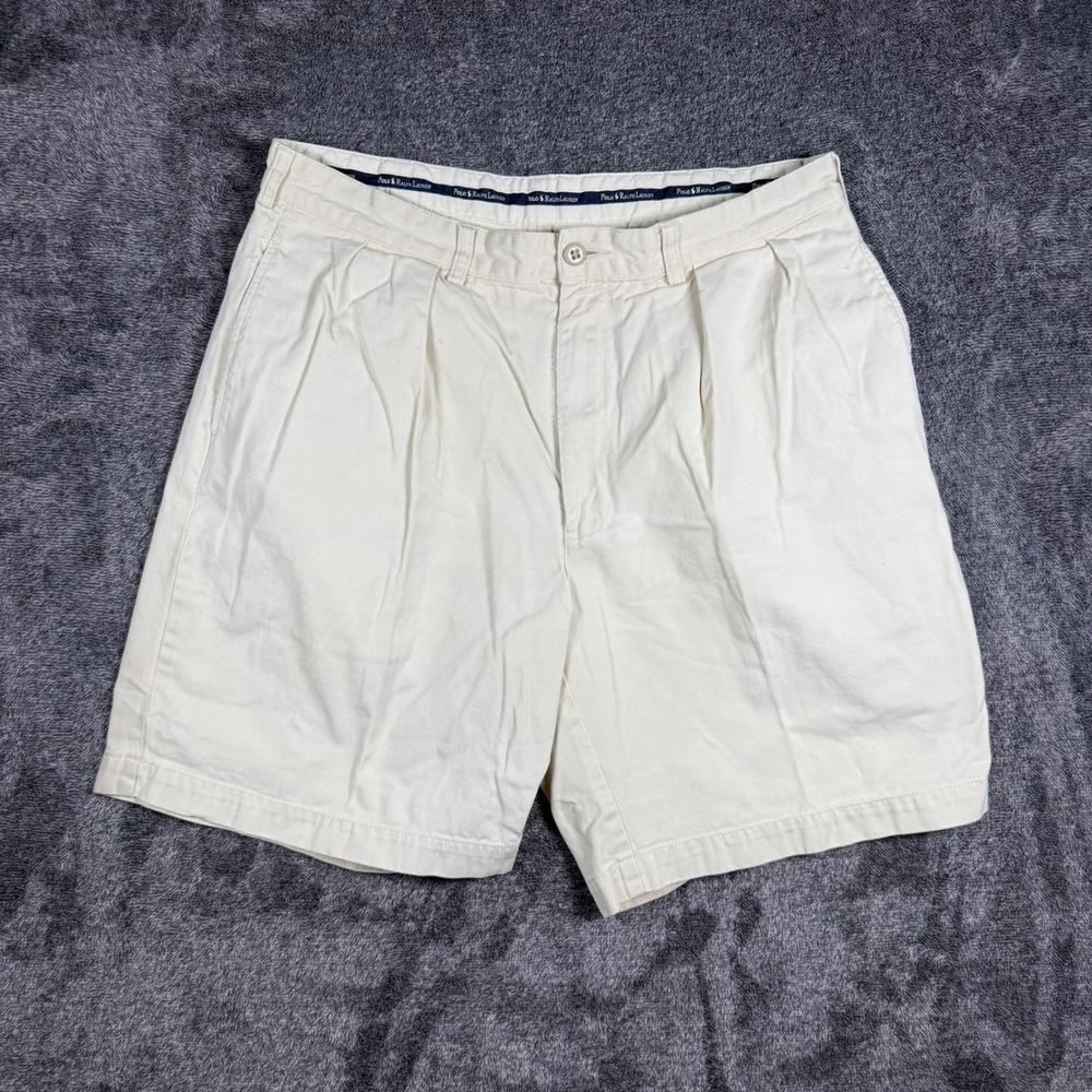 Polo Ralph Lauren Andrew Chino Shorts Mens 35 Cream Off White Pleated Cotton 9in